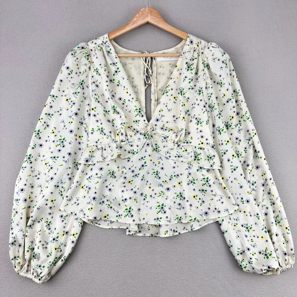 ASTR The Label Blouse Womens L Cream Floral Satin Puff Sleeve Cottagecore